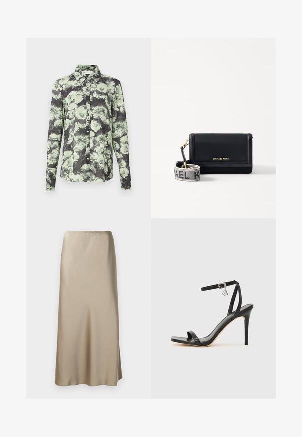 Skjorte med knapper i en sort og grøn blomstret mønster, kravedesign, lange ærmer og en tekstureret stof.; Satin midi nederdel i lys beige med elastisk talje, glat tekstur og en flydende A-form. Ingen synlige mønstre eller hardware.; Sort hæl-sandal med smal ankrem, firkantet tå-boks, glat lædermateriale og metalspænde som pynt.; MICHAEL Michael Kors JET SET SM PHONE WBG XBODY - Skuldertasker - black