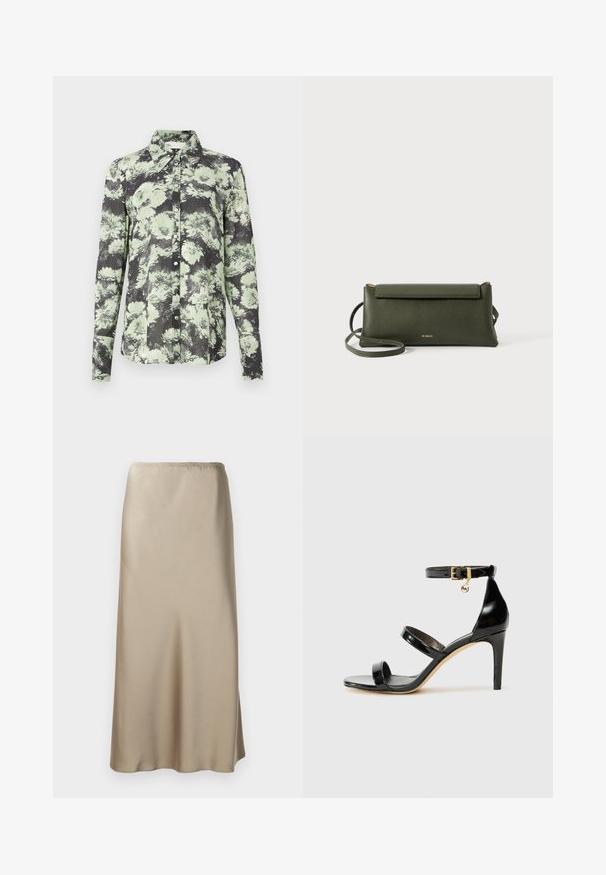 Skjorte med knapper i en sort og grøn blomstret mønster, kravedesign, lange ærmer og en tekstureret stof.; Satin midi nederdel i lys beige med elastisk talje, glat tekstur og en flydende A-form. Ingen synlige mønstre eller hardware.; Sorte patenterede lædersandaler med tre stropper, ankelspænde og 10 cm stiletthæl. Har detaljer i guld og et logo charms.; Mørkegrøn struktureret læder crossbody taske med klaplukning og tynd justerbar rem, præget med lille guld "Bee Projects" logo.