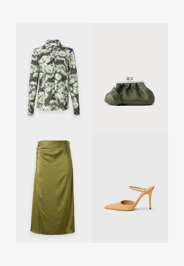 Skjorte med knapper i en sort og grøn blomstret mønster, kravedesign, lange ærmer og en tekstureret stof.; Oliven grøn nederdel, glat tekstur, knælang, draperet design med sideslids, med samlet detaljering i taljen.; Beige spidse stilettohæle med en tynd ankelrem på en hvid baggrund.; Olivengrøn læderclutch med ruchet design, sølvmetalramme og dobbelt kugle-lukning. Har en glat tekstur og en bred rem.