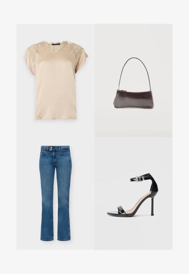 Blouse beige en satin à manches courtes avec des détails en dentelle aux épaules et à l'encolure, avec un col en V et une coupe décontractée.; Jean en denim bleu avec une taille mi-haute, deux poches avant, deux boutons et un léger évasement en bas.; Sandale à talon haut en cuir verni noir avec bride à la cheville. Présente un design minimaliste, un bout ouvert et une boucle ornée de strass.; Petit sac à main rectangulaire en cuir marron foncé avec une bandoulière unique et une fermeture éclair dorée.