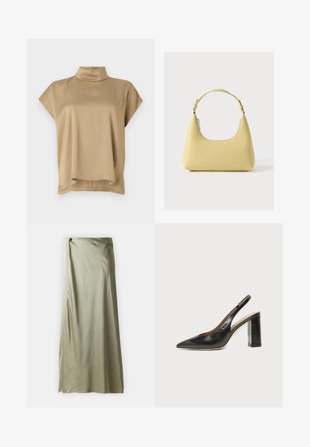 Top beige con cuello alto, mangas cortas y corte relajado. Tela suave, textura lisa y dobladillo trasero más largo.; Falda larga de color verde oliva hecha de una tela suave con un diseño envolvente, que presenta una abertura lateral y un detalle decorativo de botón en la cintura.; Zapato slingback de piel negra con puntera puntiaguda, tacón alto y ancho, y forro interior beige sobre un fondo claro y liso.; Bolso de cuero amarillo con una silueta curva, correa corta ajustable y compartimento con cremallera. Presenta un logo sutil en el frente.