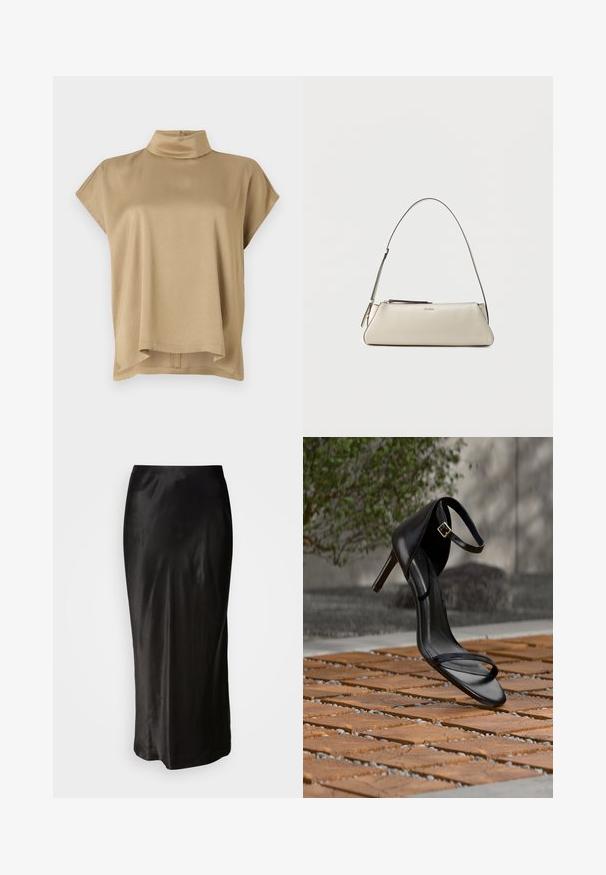 Beige top met een hoge kraag, korte mouwen en een ontspannen pasvorm. Zacht materiaal, gladde textuur en een langere achterkant.; Zwarte satijnen rok met een gladde textuur. Vloerlange uitvoering met een strakke taille en een lichte flare aan de zoom. Geen zichtbare patronen of hardware.; Zwarte hoge hak sandaal met enkelbandje zweeft boven een houten tegelvloer buiten, met een onscherpe groene en stenen achtergrond.; Kleine beige leren schoudertas met dunne band en ritssluiting, voorzien van een discreet metalen logo aan de voorzijde in het midden.