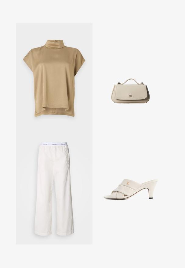 Beige top met een hoge kraag, korte mouwen en een ontspannen pasvorm. Zacht materiaal, gladde textuur en een langere achterkant.; Witte wijde broek met een elastische tailleband met een contrasterend Calvin Klein-logo. Gemaakt van gladde stof, bieden ze een ontspannen fit.; Beige hoge hakken mules met een gedraaide lederen band, open teen en een reliëf logo-accent. De hak heeft een zwarte puntdetail.; Kleine beige leren handtas met bovenhandvat en zilveren CK-logo op de voorflap, getoond tegen een witte achtergrond.