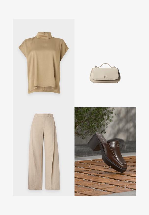 Top beige avec un col montant, des manches courtes et une coupe décontractée. Tissu doux, texture lisse et ourlet arrière plus long.; Pantalons larges en lin beige à taille haute, avec une texture lisse et des lignes épurées, conçus pour un ajustement décontracté.; Mule à talon en cuir marron Calvin Klein flottant au-dessus d'un sol en carrelage en bois avec en arrière-plan une plante verte et un mur flous.; Petit sac à main en cuir beige avec poignée supérieure et logo CK argenté sur le rabat avant, présenté sur fond blanc.
