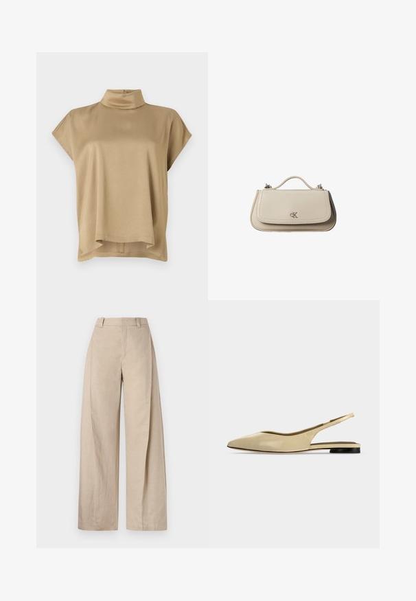 Top beige con cuello alto, mangas cortas y corte relajado. Tela suave, textura lisa y dobladillo trasero más largo.; Pantalones de lino beige de pierna ancha con cintura alta, que presentan una textura suave y líneas limpias, diseñados para un ajuste relajado.; Zapato plano beige con puntera puntiaguda, diseño slingback, tacón bajo negro y acabado en cuero liso, mostrado de perfil sobre un fondo liso.; Pequeño bolso de mano de cuero beige con asa superior y logo plateado de CK en la solapa frontal, mostrado sobre un fondo blanco.