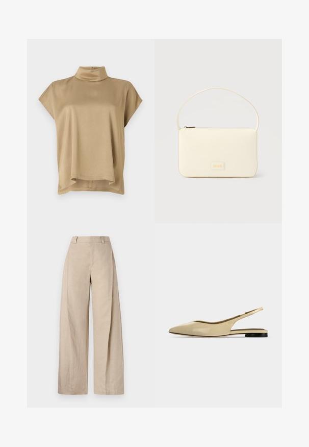 Top beige con cuello alto, mangas cortas y corte relajado. Tela suave, textura lisa y dobladillo trasero más largo.; Pantalones de lino beige de pierna ancha con cintura alta, que presentan una textura suave y líneas limpias, diseñados para un ajuste relajado.; Zapato plano beige con puntera puntiaguda, diseño slingback, tacón bajo negro y acabado en cuero liso, mostrado de perfil sobre un fondo liso.; Bolso rectangular color crema con una sola correa y cremallera superior, con una pequeña placa de logotipo en relieve en el frente.