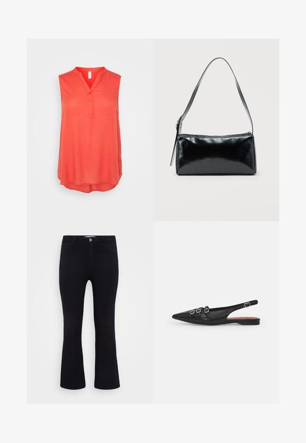 Korallfarvet ærmeløs bluse med V-hals, tre knaplukninger og buet kant. Fremstillet af let og glat stof. Ingen mønstre eller detaljer.; ONLY Carmakoma Flared fit CARTHUNDER Mid waist - Flared jeans - black denim; Sort læderslyngeflad sko med spids tå, der har to vandrette stropper og firkantede sølvspænder, lav hæl og glat tekstur.; Sort rektangulær skuldertaske med en enkelt justerbar rem og lynlås i toppen på en ensfarvet baggrund.