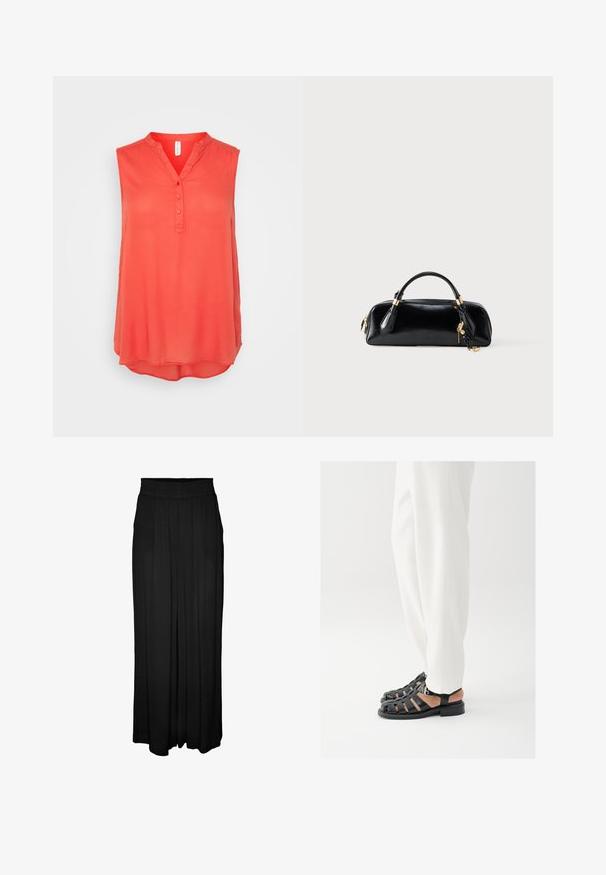 Korallfarvet ærmeløs bluse med V-hals, tre knaplukninger og buet kant. Fremstillet af let og glat stof. Ingen mønstre eller detaljer.; Vero Moda Curve VMMENNY WIDE PANTS - Bukser - black; Person iført hvide bukser og sorte læder-sandaler med åben tå og spænde, stående på en hvid baggrund.; Sort, blank håndtaske med en rund form og en topstrop. Har guldfarvet hardware og små sidekvaster som ekstra detaljer.