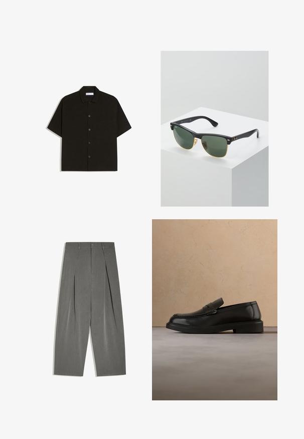 Chemise noire à manches courtes en tissu doux, avec un boutonnière à l'avant, un col et une poche poitrine unique. Design simple et épuré.; Pantalon gris à jambes larges, ajusté, avec plis à l'avant, fermeture par boutons et passants de ceinture, posé à plat sur un fond blanc.; Mocassin en cuir noir flottant au-dessus d'un tapis tissé beige avec une table ronde en bois et un canapé en arrière-plan.; Lunettes de soleil Ray-Ban avec des verres verts, monture en plastique noir et accents dorés sur les bords. Forme carrée avec une finition mate.