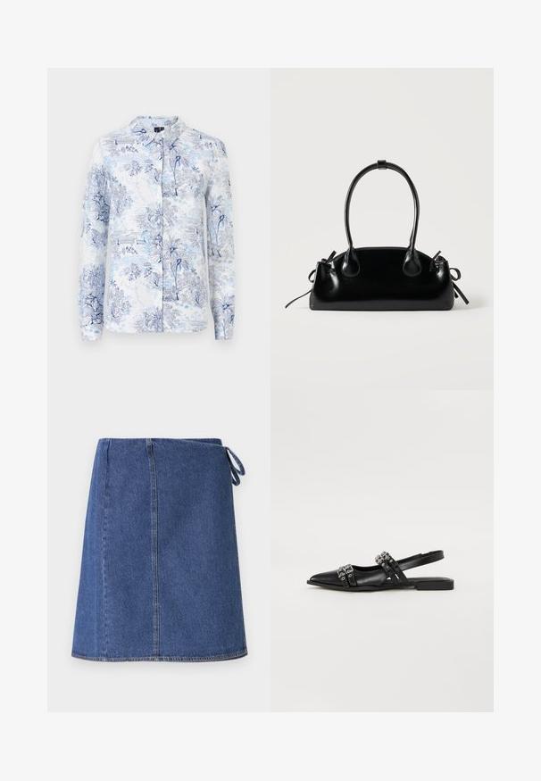 Chemise à manches longues en tissu présentant un imprimé floral et paysager bleu et blanc, avec un col et une fermeture à boutons.; Jupe en denim bleu foncé. Présente une coupe droite, des coutures visibles et un lien sur le côté pour ajustement. Texture lisse et ourlet standard.; Even&Odd by Zalando Ballerines à brides arrière - black; Petit sac à main noir brillant avec deux longues anses et des détails à cordon sur les côtés sur un fond clair uni.