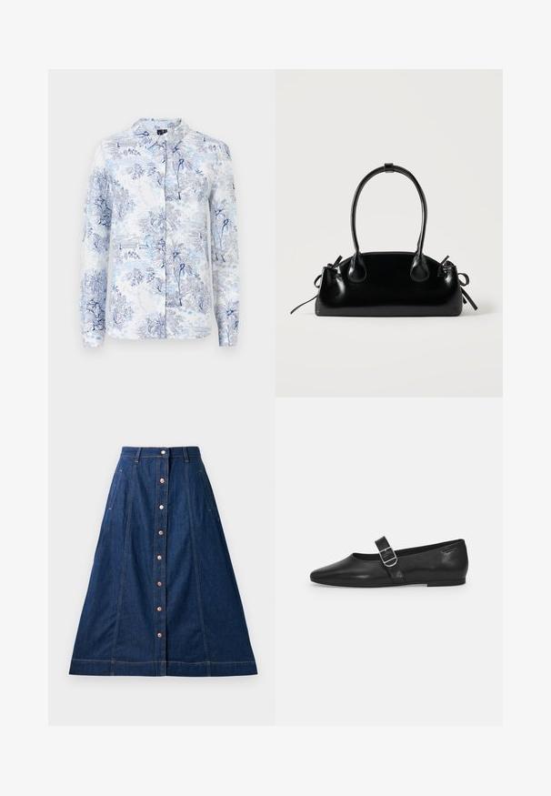 Langsleeve shirt gemaakt van stof met een blauw-witte bloemen- en landschapprint, met een kraag en knoopsluiting aan de voorkant.; Donkerblauwe denim A-lijn rok met knoopsluiting aan de voorkant, met zakken, contrasterende stiksels en een lengte tot halverwege de kuit.; Zwarte leren platte schoen met een ronde neus, een enkele verstelbare gespsluiting en een gladde, glanzende textuur. Minimalistisch ontwerp met een lage hak.; Kleine zwarte glanzende handtas met twee lange hengsels en zijkant trekkoord details op een effen lichte achtergrond.