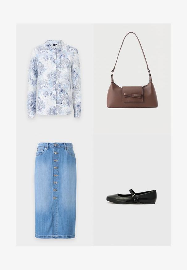 Chemise à manches longues en tissu présentant un imprimé floral et paysager bleu et blanc, avec un col et une fermeture à boutons.; Jupe midi en denim bleu avec une coupe droite, dotée d'une fermeture à boutons sur le devant, de cinq poches et d'un délavage pour une texture.; Ballerines en cuir noir avec un bout arrondi, une semelle plate et une fine sangle ajustable sur le cou-de-pied avec une boucle en métal.; Sac à bandoulière en cuir marron avec une poche à rabat avant ornée d'un détail en forme de nœud cousu et une sangle réglable.
