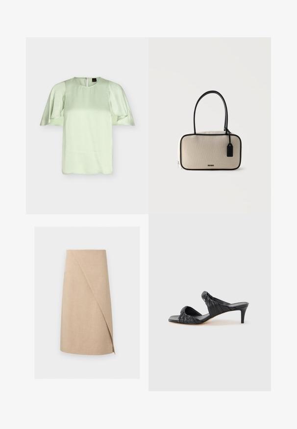 Blouse vert clair avec encolure ronde et manches courtes volantées, tissu lisse, fermeture éclair au dos, étiquette de marque BOSS visible à l'intérieur du col.; Jupe portefeuille beige longueur genou avec un tissu subtilement texturé et un détail de superposition asymétrique à l'avant.; Sandales à talons noirs avec un bout carré, fabriquées en cuir lisse. Elles présentent des brides froncées et un talon fin pour plus d'élévation.; Sac à main rectangulaire beige avec bordure noire, une poignée noire, fermeture éclair et étiquette noire avec logo Hugo suspendue sur le côté.