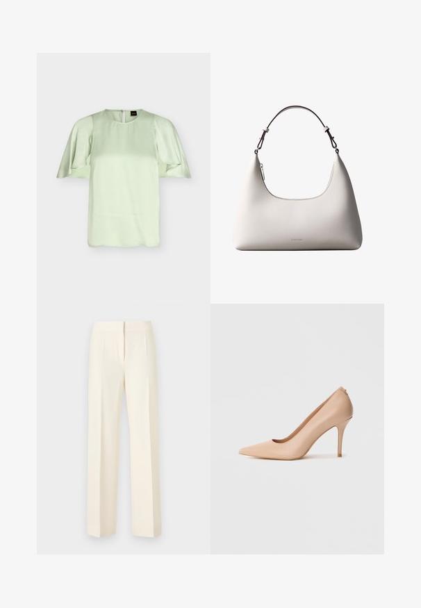 Blouse vert clair avec encolure ronde et manches courtes volantées, tissu lisse, fermeture éclair au dos, étiquette de marque BOSS visible à l'intérieur du col.; Pantalon droit sur mesure couleur blanc cassé avec pli avant, ceinture et fermeture avant dissimulée sur un fond uni.; Escarpin à talon haut en cuir beige avec un bout pointu, une texture lisse et un talon aiguille fin. Design minimaliste avec un style à enfiler.; Sac à bandoulière en cuir couleur crème de Calvin Klein avec bord supérieur incurvé, fermeture éclair argentée et sangle ajustable brun foncé.