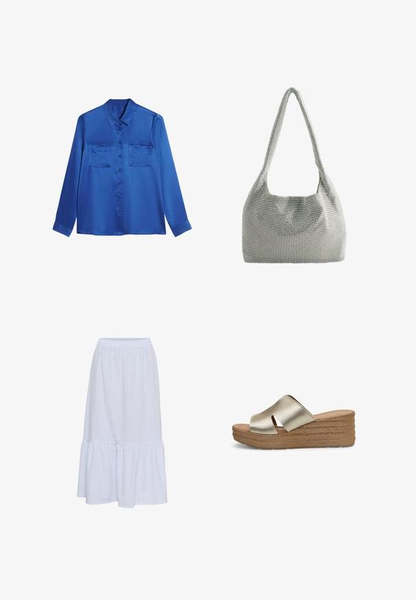 Blusa de satén azul con cuello tipo camisa, mangas largas, dos bolsillos en el pecho y cierre de botones en la parte delantera. Textura suave y brillante.; Falda a rayas azul claro y blanca con cintura elástica, dobladillo con volantes en capas y textura de tela suave. Forma en A, diseño hasta la rodilla.; Sandalia cuña sin cierre con parte superior dorada metálica y suela de plataforma marrón texturizada, vista lateral.; Pequeño bolso de mano plateado cubierto con una malla de lentejuelas brillantes y una sola correa ancha para usar al hombro.
