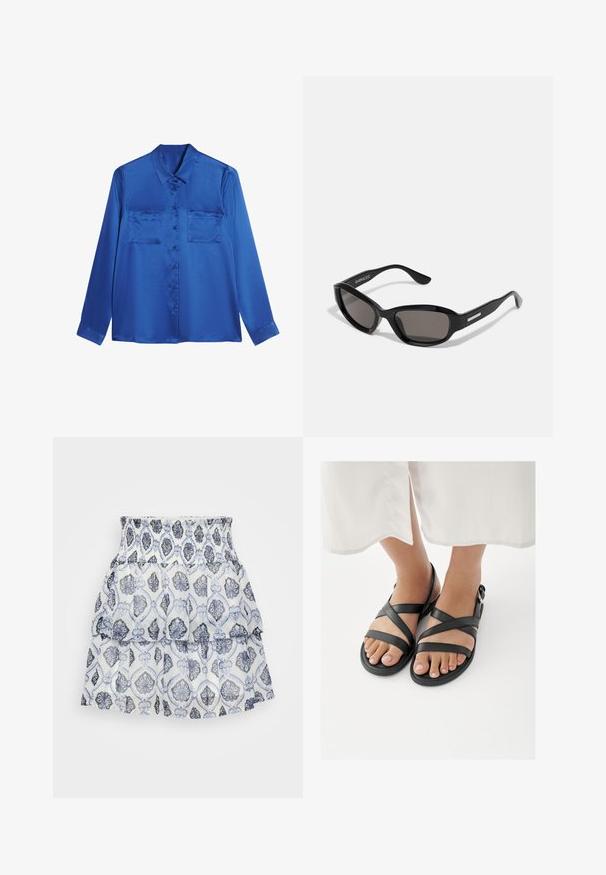 Blusa de satén azul con cuello tipo camisa, mangas largas, dos bolsillos en el pecho y cierre de botones en la parte delantera. Textura suave y brillante.; Falda blanca de capas con un patrón floral en tonos azules y grises, con una cintura fruncida y una tela ligera y texturizada.; Pies con sandalias negras con tiras y hebillas en el tobillo, combinadas con una prenda blanca que termina por encima de los tobillos sobre un fondo blanco.; Gafas de sol negras con montura rectangular, lentes oscuros, material de plástico suave y un acento metálico en la patilla.