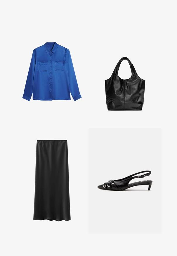 Satinblaue Bluse mit kragenförmigem Halsausschnitt, langen Ärmeln, zwei Brusttaschen und Knopfverschluss vorne. Glatte, glänzende Textur.; Schwarzer, bodenlanger Rock aus glattem, leichtem Material mit elastischem Bund und schlichtem Design. Keine sichtbaren Muster oder Akzente.; Schwarzer Lederslingback mit spitzer Spitze, drei silbernen Schnallen vorne und niedrigem Kittenabsatz auf weißem Hintergrund.; Schwarze Leder-Tote mit glatter Textur, weichem, abgerundetem Oberteil und breiten Tragegriffen. Merkmale minimale Nähte und eine lässige Silhouette.