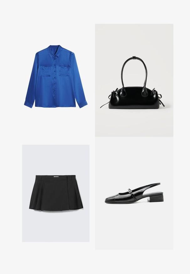 Blusa de satén azul con cuello tipo camisa, mangas largas, dos bolsillos en el pecho y cierre de botones en la parte delantera. Textura suave y brillante.; Falda negra con pliegues que presenta un patrón de rayas, hecha de tejido texturizado con una banda en la cintura, diseñada para un ajuste ceñido.; Zapato slingback de charol negro con tacón bajo y grueso y una fina correa con hebilla de plata en la parte superior.; Pequeño bolso negro brillante con dos asas largas y detalles de cordón lateral sobre un fondo claro liso.