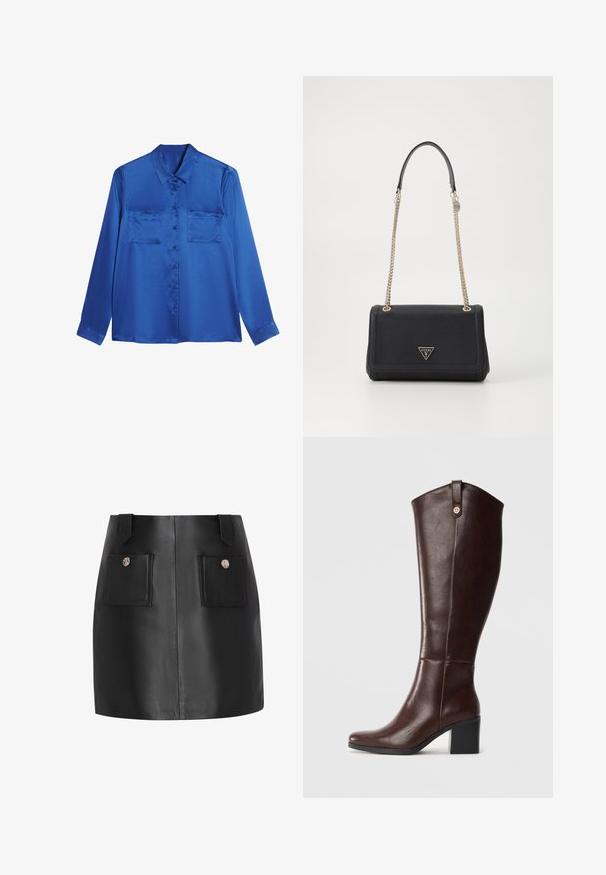 Satijnen blauwe blouse met een kraaglijn, lange mouwen, twee borstzakken en knoopsluiting aan de voorkant. Soepele, glanzende textuur.; faina A-lijn rok - black; Bruine leren kniehoge laars met een blokhak, een gladde textuur, een ronde neus en decoratieve goudkleurige hardware aan de bovenkant.; Zwarte handtas van imitatieleren met een flapontwerp, gouden kettingriem en driehoekige logo-accent. Soepele textuur met een gestructureerde vorm.