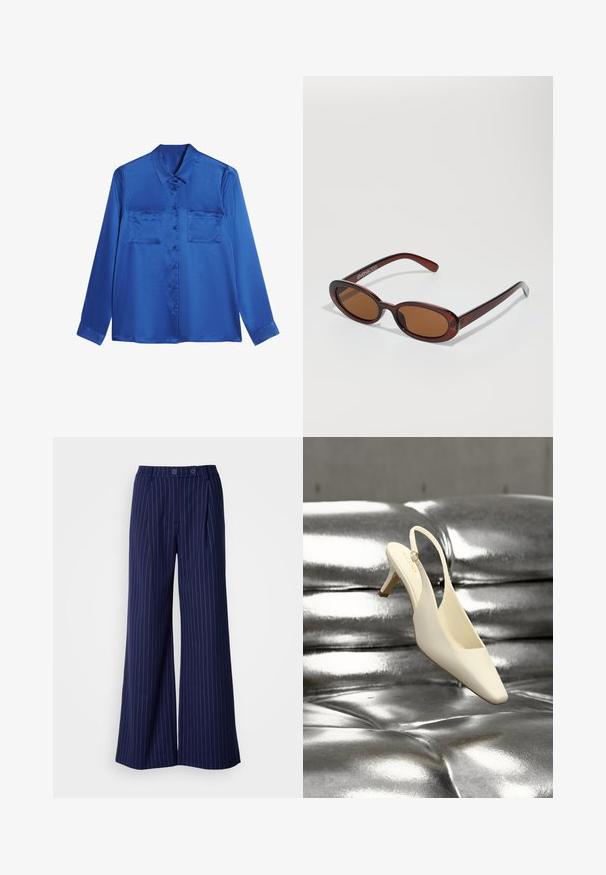 Blusa de satén azul con cuello tipo camisa, mangas largas, dos bolsillos en el pecho y cierre de botones en la parte delantera. Textura suave y brillante.; Pantalones de pierna ancha en azul marino con rayas verticales rosas, con pliegues en la parte delantera y cierre de dos botones. Fabricados con una tela suave.; Zapato de tacón bajo tipo kitten slingback color crema con punta cuadrada, descansando sobre una superficie de cuero plateado acolchada y brillante.; Gafas de sol redondas con tinte marrón y un marco burdeos brillante. Patillas delgadas con un sutil detalle de marca. Diseño de lentes planos.