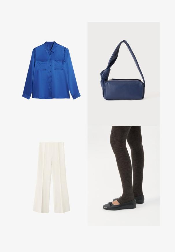 Blusa de satén azul con cuello tipo camisa, mangas largas, dos bolsillos en el pecho y cierre de botones en la parte delantera. Textura suave y brillante.; Pantalones de pierna ancha color crema con cintura alta y pliegues delanteros, mostrados sobre un fondo blanco liso.; Piernas con leggings oscuros acanalados combinados con bailarinas negras que presentan pequeños detalles de lazo sobre un fondo blanco.; Bolso de hombro rectangular de cuero azul oscuro con una correa suave anudada y cierre de cremallera en la parte superior, mostrado sobre un fondo liso.