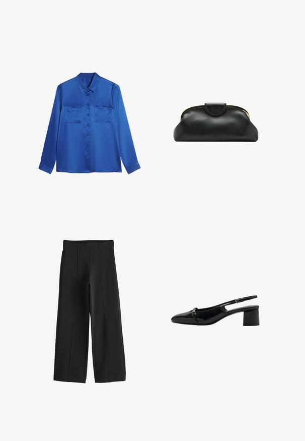 Blusa de satén azul con cuello tipo camisa, mangas largas, dos bolsillos en el pecho y cierre de botones en la parte delantera. Textura suave y brillante.; Pantalones negros de pierna ancha con cintura alta y detalles de costura frontal, mostrados planos sobre un fondo blanco.; Zapato slingback de charol negro con tacón bajo de bloque y pequeño detalle de hebilla metálica en el lateral.; Bolso de mano de cuero negro con marco metálico dorado y cierre a presión sobre un fondo blanco.