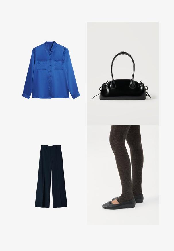 Satijnen blauwe blouse met een kraaglijn, lange mouwen, twee borstzakken en knoopsluiting aan de voorkant. Soepele, glanzende textuur.; Marineblauwe wijde broek gemaakt van een gladde stof, met twee voorplooien en een enkele knoopsluiting in de taille.; Benen met donkere geribbelde leggings gecombineerd met zwarte ballerina's met kleine strikdetails op een witte achtergrond.; Kleine zwarte glanzende handtas met twee lange hengsels en zijkant trekkoord details op een effen lichte achtergrond.