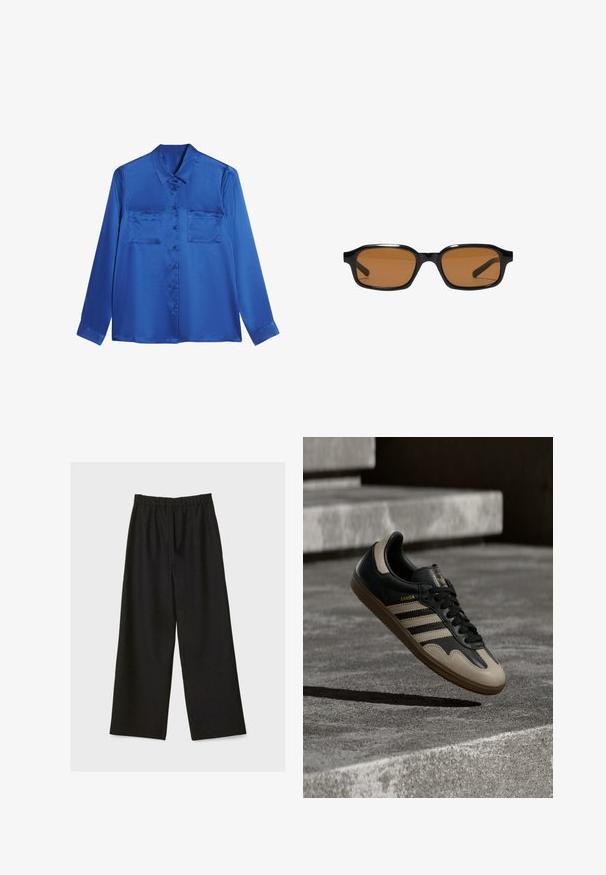 Satinblaue Bluse mit kragenförmigem Halsausschnitt, langen Ärmeln, zwei Brusttaschen und Knopfverschluss vorne. Glatte, glänzende Textur.; Schwarze weit geschnittene Hose mit elastischem Bund, flach auf einem hellen Hintergrund präsentiert.; Schwarzer und beiger Ledersneaker mit drei weißen Streifen, tannengrüner Gummisohle und goldener "Samba"-Detailierung an der Seite.; Schwarze rechteckige Sonnenbrille mit dickem Rahmen und braunen getönten Gläsern, von vorne auf weißem Hintergrund gezeigt.