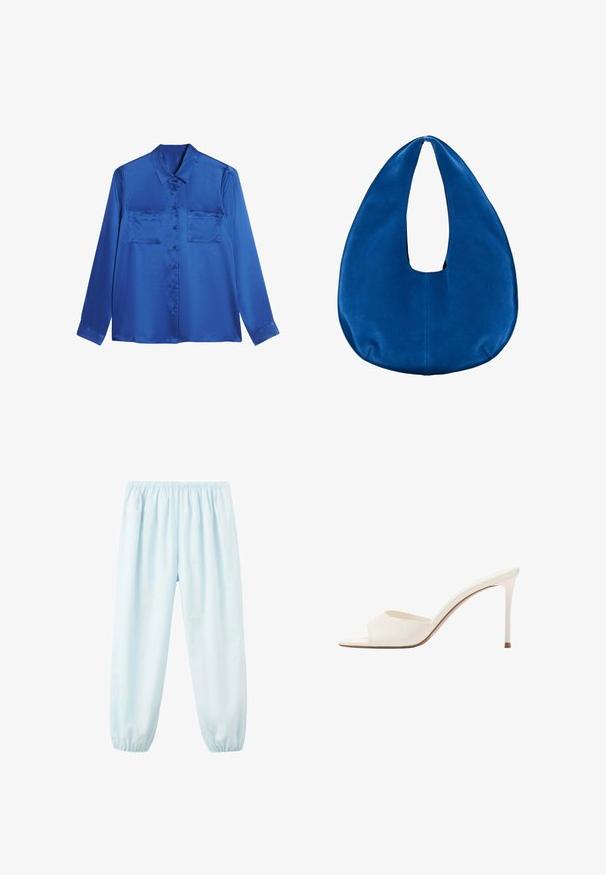 Satijnen blauwe blouse met een kraaglijn, lange mouwen, twee borstzakken en knoopsluiting aan de voorkant. Soepele, glanzende textuur.; Lichtblauwe broek met elastische taille en enkels, losse pasvorm, gemaakt van lichtgewicht stof.; Witte open teen mule met een enkele brede band en een slanke stilettohak op een effen witte achtergrond.; Zachte blauwe stoffen hobo-handtas met een afgeronde, sikkelvormige vorm en een brede handvatopening bovenaan in het midden.