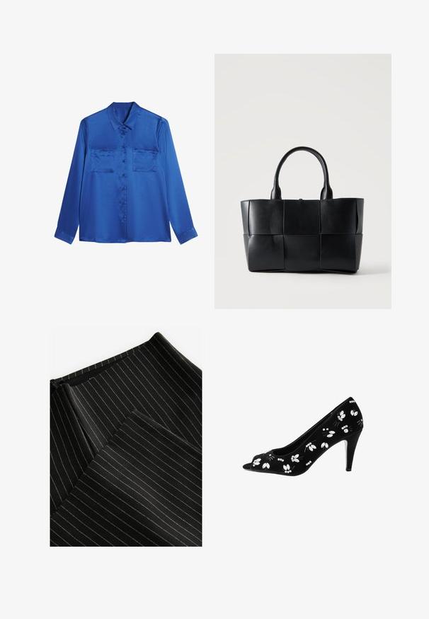 Satijnen blauwe blouse met een kraaglijn, lange mouwen, twee borstzakken en knoopsluiting aan de voorkant. Soepele, glanzende textuur.; Zwarte stof met lichtgrijze streepjes. Heeft een gladde textuur. Bevat een gevouwen zoom en een verborgen rits. Schone, op maat gemaakte lijnen.; Zwarte fluwelen hoge hak schoen met een open teen, versierd met ingewikkelde witte bloemenpatronen en strass-steentjes, met een slanke hak.; Zwarte leren totebag met geweven grote vierkante panelen en twee afgeronde handvatten op een effen lichte achtergrond.