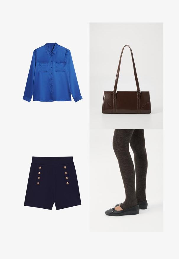 Blusa de satén azul con cuello tipo camisa, mangas largas, dos bolsillos en el pecho y cierre de botones en la parte delantera. Textura suave y brillante.; Pantalones cortos azul marino de tejido suave, con una cintura alta y seis detalles de botones dorados en los bolsillos frontales.; Piernas con leggings oscuros acanalados combinados con bailarinas negras que presentan pequeños detalles de lazo sobre un fondo blanco.; Bolso de mano de piel sintética marrón con forma rectangular, dos asas largas y sutiles acentos curvados en la parte delantera.