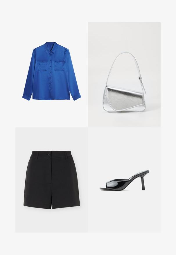Blusa de satén azul con cuello tipo camisa, mangas largas, dos bolsillos en el pecho y cierre de botones en la parte delantera. Textura suave y brillante.; Pantalones cortos negros a medida con trabillas para cinturón, cierre de botón y detalle de abertura frontal, exhibidos sobre un fondo blanco.; Zueco abierto de charol negro con tacón cuadrado de altura media y una correa curva en la parte delantera sobre fondo blanco.; Bolso de mano metálico plateado con forma triangular, textura suave y una fina correa de hombro ajustable. Presenta un diseño plegable con costuras.
