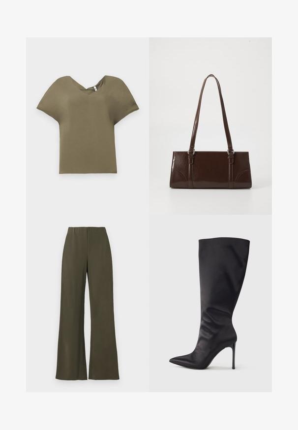 Haut à manches courtes vert olive avec un décolleté en V. Fabriqué en tissu doux, il présente une coupe ample et un ourlet légèrement incurvé.; Pantalons larges vert olive avec une taille élastique, en tissu lisse, sans poches, présentant un design épuré et minimaliste.; Botte noire haute jusqu'aux genoux en cuir verni lisse et élégant ; bout pointu ; ajustée avec un léger froncé près de la cheville ; talon brillant.; Sac à main en cuir verni marron de forme rectangulaire, avec deux longues poignées et des accents courbés subtils à l'avant.