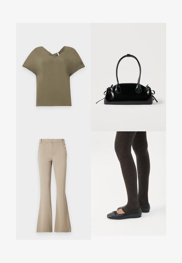 Haut à manches courtes vert olive avec un décolleté en V. Fabriqué en tissu doux, il présente une coupe ample et un ourlet légèrement incurvé.; Pantalons évasés beiges en tissu doux, avec une taille ajustée et cinq boutons décoratifs dorés de chaque côté. Texture lisse sans motifs.; Jambes portant des leggings côtelés foncés associés à des ballerines noires avec de petits détails en nœud sur fond blanc.; Petit sac à main noir brillant avec deux longues anses et des détails à cordon sur les côtés sur un fond clair uni.