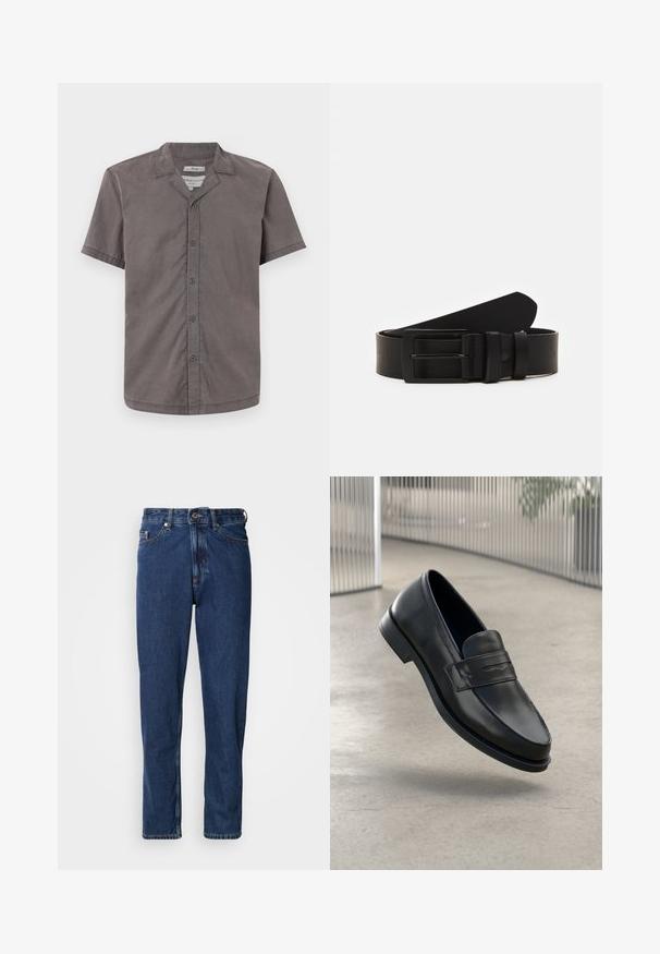 Kortærmet skjorte med knapper i mørkegrå, lavet af blødt stof. Har en camp-krave og fem knapper foran. Glat tekstur og afslappet pasform.; Mørkeblå jeans lavet af denim, med lige ben, fem-lommer stil og synlige syninger langs sømmene.; Sort lædersko med glat tekstur, spids tå og en dekorativ rem over vristen. Letvægts sål, minimalistisk design.; Sort læderbælte rullet med en mat sort rektangulær metalspænde og to bæltesløjfer på en hvid baggrund.