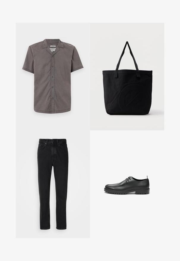 Kortærmet skjorte med knapper i mørkegrå, lavet af blødt stof. Har en camp-krave og fem knapper foran. Glat tekstur og afslappet pasform.; Sorte denim jeans med lige ben-design, med knap- og lynlåslukning, forlommer og subtile teksturer.; Sorte lædersko med en glat overflade, rund tå og dekorativ stikning. Har en gummisål med skridsikre spor og snørebåndsdesign.; Sort canvas-tote-taske med to skulderstropper og et diskret præget cirkeldesign på fronten.