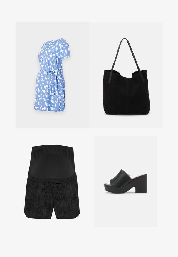 Lyseblå kortærmet kjole med hvidt blomstermønster, udstyret med en taljebånd og en afslappet pasform. Blødt stof med rund halsudskæring.; Sorte graviditetsshorts med et tekstureret design, snørelukning i taljen og en glat, elastisk talje. Blødt stof for komfort.; Sorte læder open-toe mules har et bredt forreste strop og en chunky, høj platformhæl med en glat tekstur. Vist fra siden.; Sort ruskinds totemed med to lange, flade læderremme. Har en buet topkant og synlige stikninger langs forsiden. Ingen hardware-dekorationer.