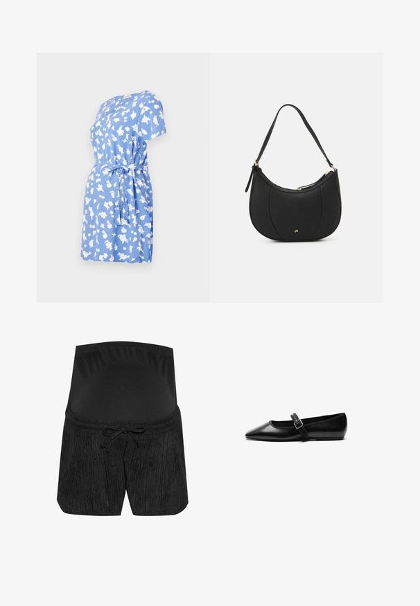 Lyseblå kortærmet kjole med hvidt blomstermønster, udstyret med en taljebånd og en afslappet pasform. Blødt stof med rund halsudskæring.; Sorte graviditetsshorts med et tekstureret design, snørelukning i taljen og en glat, elastisk talje. Blødt stof for komfort.; Sorte flade sko lavet af læder med spidse tæer, justerbar rem med metalspænde, glat tekstur og minimalistisk design.; Sort læderhåndtaske med en buet form, struktureret overflade, forreste syninger og et logo i guldfarve. Har en enkelt justerbar rem.