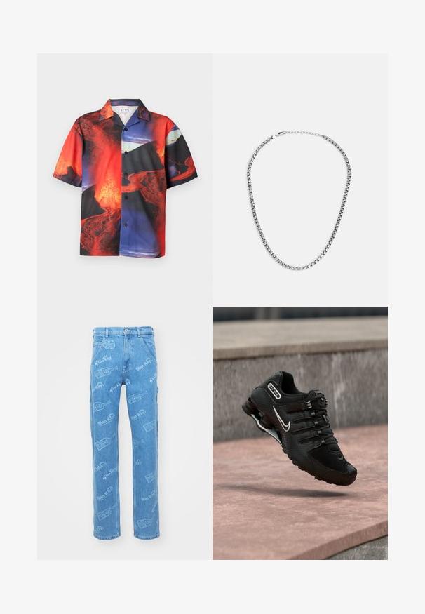 Chemise à manches courtes boutonnée avec imprimé vif de coulées de lave rouge, noire et bleue et éruption volcanique sur tissu léger.; Jean en denim bleu clair avec un imprimé intégral portant le texte "Stan Ray" et des formes de bouteilles. Conception à jambe droite, cinq poches et fermeture à bouton.; Chaussure de running Nike Shox noire avec logo swoosh blanc, en l'air au-dessus d'une surface en béton rosée devant un mur en pierre gris.; Fossil JEWELRY NECKLACE - Collier - silver-coloured