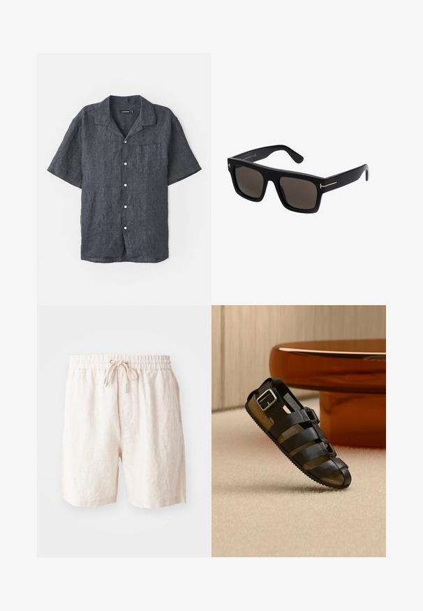 Kortærmet skjorte i antracit lin med afslappet krave, frontlomme og hvide knapper. Glat tekstur med subtile stofvariationer.; Beige linned-shorts med elastisk talje, justerbar snor og sidelommer. Blød tekstur med en afslappet pasform.; Sort lædersandal med flere remme og en sølvspænde, vist på beige tæppe foran et rundt træbord.; Sorte firkantede solbriller med mørke linser, der har guldtonede accenter på stængerne og en glat plastikoverflade.