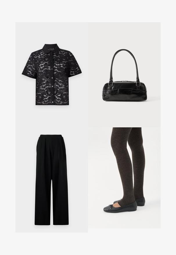 Camisa negra de manga corta hecha de tela de encaje con patrones florales, cierre de botones y cuello puntiagudo. Textura semitransparente.; Pantalones anchos negros con cintura alta, que cuentan con pliegues frontales y una tela suave y texturizada. Sin bolsillos visibles ni adornos.; Piernas con leggings oscuros acanalados combinados con bailarinas negras que presentan pequeños detalles de lazo sobre un fondo blanco.; Bolso de mano de cuero negro con forma rectangular, equipado con un asa estructurada, herrajes en plata y cierre de cremallera. Textura suave.