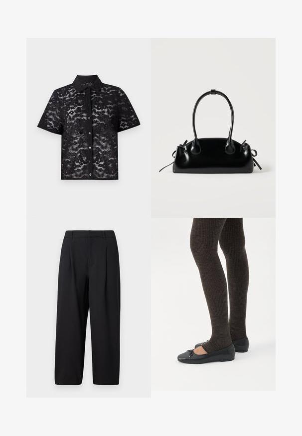 Zwarte kortemouwen shirt van kantstof met bloempatronen, knoopsluiting en een puntige kraag. Semi-doorzichtige textuur.; Zwarte broek met een ontspannen pasvorm, geplooid front, platte tailleband en een zachte textuur. Geëindigd op een cropped lengte, geschikt voor formele of casual kleding.; Benen met donkere geribbelde leggings gecombineerd met zwarte ballerina's met kleine strikdetails op een witte achtergrond.; Kleine zwarte glanzende handtas met twee lange hengsels en zijkant trekkoord details op een effen lichte achtergrond.