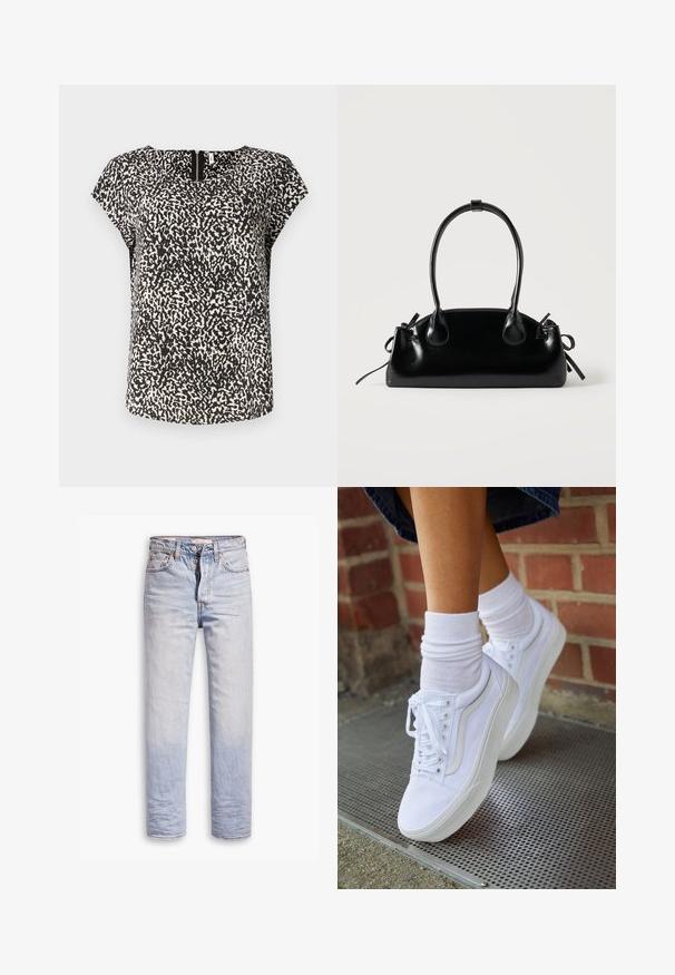 Haut à manches courtes noir et blanc avec un motif abstrait texturé, un col rond et un subtil détail de fermeture éclair à l'arrière.; Jean en denim bleu clair avec une coupe droite, dotés d'une fermeture à boutons, de cinq poches et d'un léger délavage sur les jambes.; Baskets en toile blanches avec semelles en caoutchouc, dotées de six œillets, d'un bout rond et de détails de couture légers, portées avec des chaussettes blanches mi-mollet.; Petit sac à main noir brillant avec deux longues anses et des détails à cordon sur les côtés sur un fond clair uni.