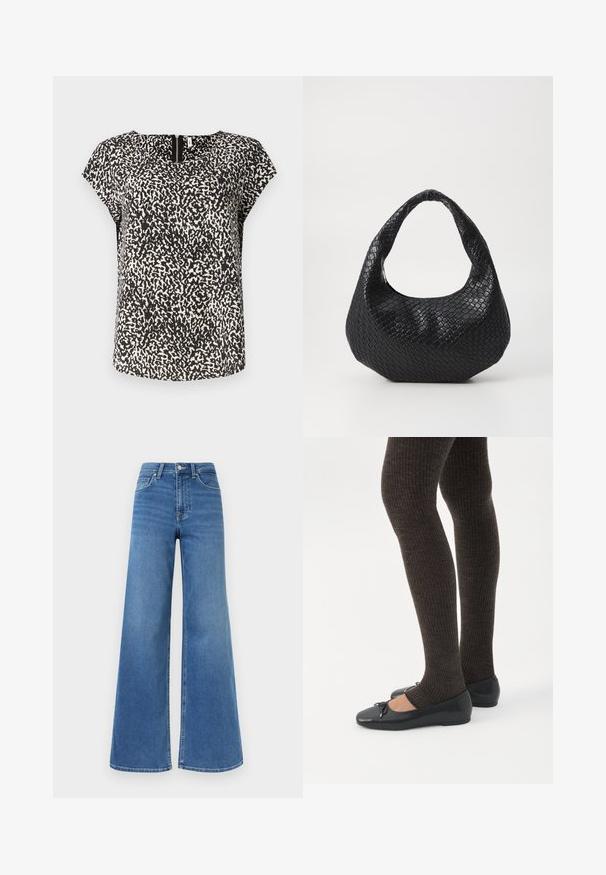 Haut à manches courtes noir et blanc avec un motif abstrait texturé, un col rond et un subtil détail de fermeture éclair à l'arrière.; Jean en denim bleu taille haute avec jambes larges, fermeture avant à boutons et fermeture éclair, ainsi que poches avant et arrière.; Jambes portant des leggings côtelés foncés associés à des ballerines noires avec de petits détails en nœud sur fond blanc.; Sac à main tissé noir avec une poignée courbée, présentant une surface texturée et une forme décontractée. Fini lisse avec une silhouette organique.