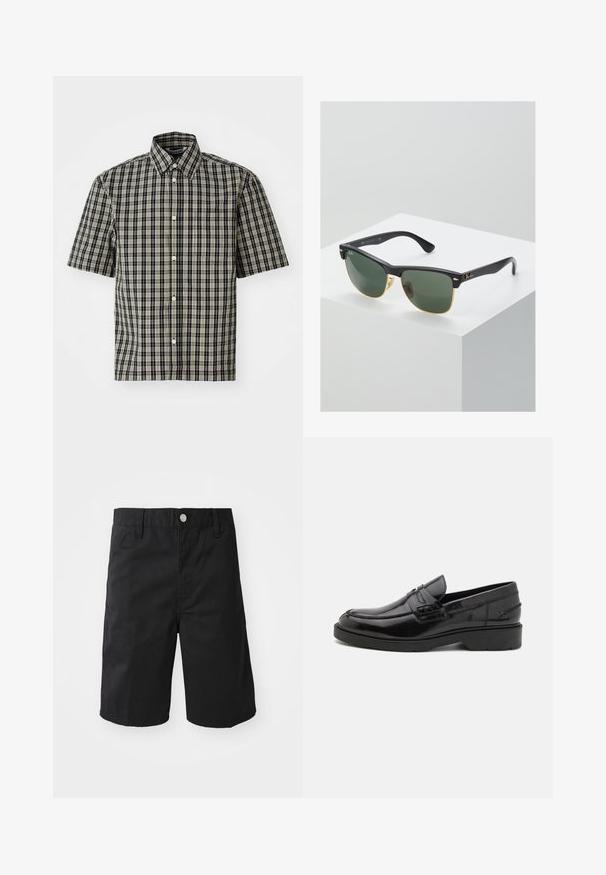 Chemise à manches courtes en coton à carreaux noirs et beiges, dotée d'un col boutonné et d'une poche sur la poitrine gauche. Motif à carreaux classique sur l'ensemble.; Shorts en coton noir avec une coupe droite, des passants de ceinture, une fermeture à bouton en métal et sans motifs ni accents visibles.; Mocassins en cuir noir avec une finition lisse, un bout rond, un petit talon et descoutures décoratives à l'avant. Semelle en caoutchouc pour l'adhérence.; Lunettes de soleil Ray-Ban avec des verres verts, monture en plastique noir et accents dorés sur les bords. Forme carrée avec une finition mate.