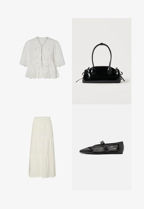 Λευκό μπλουζάκι με κεντήματα eyelet, φουσκωτά μανίκια, κυματιστό τελείωμα και τρεις δέστρες μπροστά.; Λευκή, tiered maxi φούστα από ελαφρύ, υφασμάτινο υλικό με ελαστική μέση. Διαθέτει τρία διακριτά τμήματα υφάσματος.; Μαύρο επίπεδο παπούτσι με μυτερή μύτη, πλάγιες πάνελ από δίχτυ και λουράκι με λεπτομέρεια από αγκράφα. Λείος φινίρισμα στη μύτη και τις φτέρνες.; Μικρή μαύρη γυαλιστερή τσάντα με δύο μακριές λαβές και λεπτομέρειες με ρυθμιζόμενο κορδόνι στο πλάι σε απλό ανοιχτό φόντο.