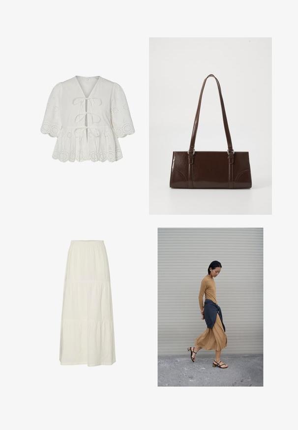 Λευκό μπλουζάκι με κεντήματα eyelet, φουσκωτά μανίκια, κυματιστό τελείωμα και τρεις δέστρες μπροστά.; Λευκή, tiered maxi φούστα από ελαφρύ, υφασμάτινο υλικό με ελαστική μέση. Διαθέτει τρία διακριτά τμήματα υφάσματος.; Γυναίκα που περπατάει με μακρύ ταμπά φόρεμα και μαύρα σανδάλια, με σκοτεινό πουλόβερ δεμένο γύρω από τη μέση της, μπροστά σε κλειστή γρίλια.; Καφέ πατεντωμένη δερμάτινη τσάντα σε ορθογώνιο σχήμα, με δύο μακριές λαβές και λεπτές καμπύλες λεπτομέρειες στο μπροστινό μέρος.