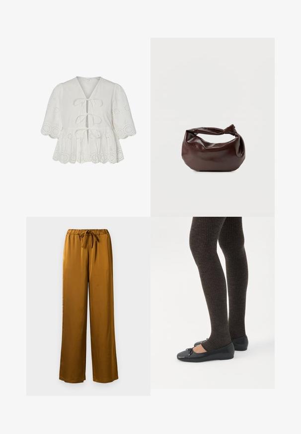 Hvid bluse med hulbroderi, puffede ærmer, bølget kant og tre bindebånd foran.; Brune satin brede bukser med elastisk talje og snoretræk. Glat tekstur og hel-længde design med en afslappet pasform.; Ben iført mørke ribbede leggings kombineret med sorte balletsko med små sløjfedetaljer på hvid baggrund.; Mørkebrun læder skuldertaske med en blød, afslappet form og et snoet knudehåndtag på en ensartet hvid baggrund.