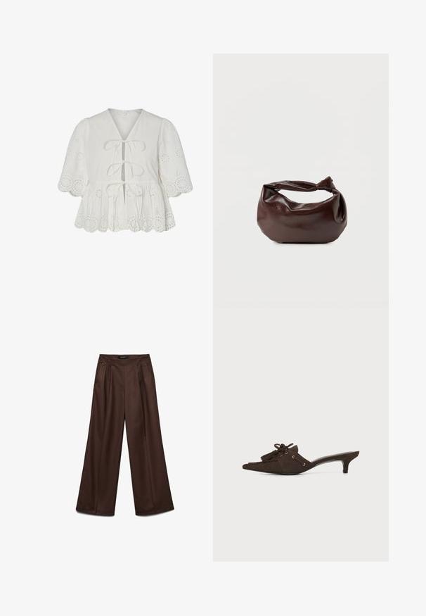 Witte blouse met ajourborduurwerk, pofmouwen, geschulpte zoom en drie voorstrikjes.; Bruine broek met wijde pijpen en hoge taille, voorzien van voorplooien en zijzakken, op maat gemaakt voor een ontspannen pasvorm.; Donkerbruine suède puntmuil met lage kittenhak, decoratieve tassels en kantdetail op een witte achtergrond.; Donkerbruine leren schoudertas met een zachte, slungelige vorm en een gedraaide knoopvormige handgreep op een effen witte achtergrond.