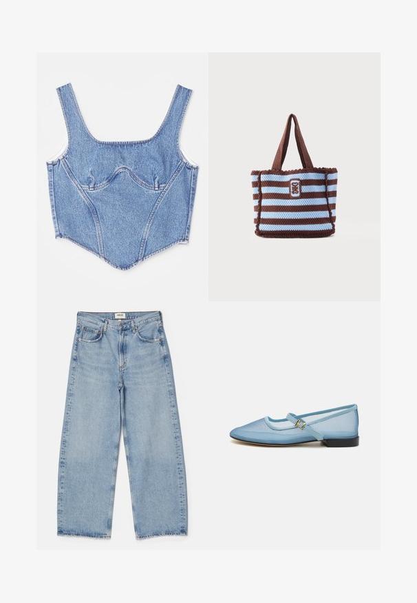 Top corset en denim avec de larges bretelles, des coutures structurées et une silhouette ajustée. Couleur bleu clair avec des dégradés subtils et des détails de couture contrastants.; Agolde Jean baggy - light-blue denim; Chaussure plate Mary Jane bleu clair avec une tige en mailles, bout arrondi, sangle réglable avec boucle en or et un petit talon noir.; Sac cabas crocheté rayé marron et bleu clair avec deux anses et un patch brodé rectangulaire au centre devant.